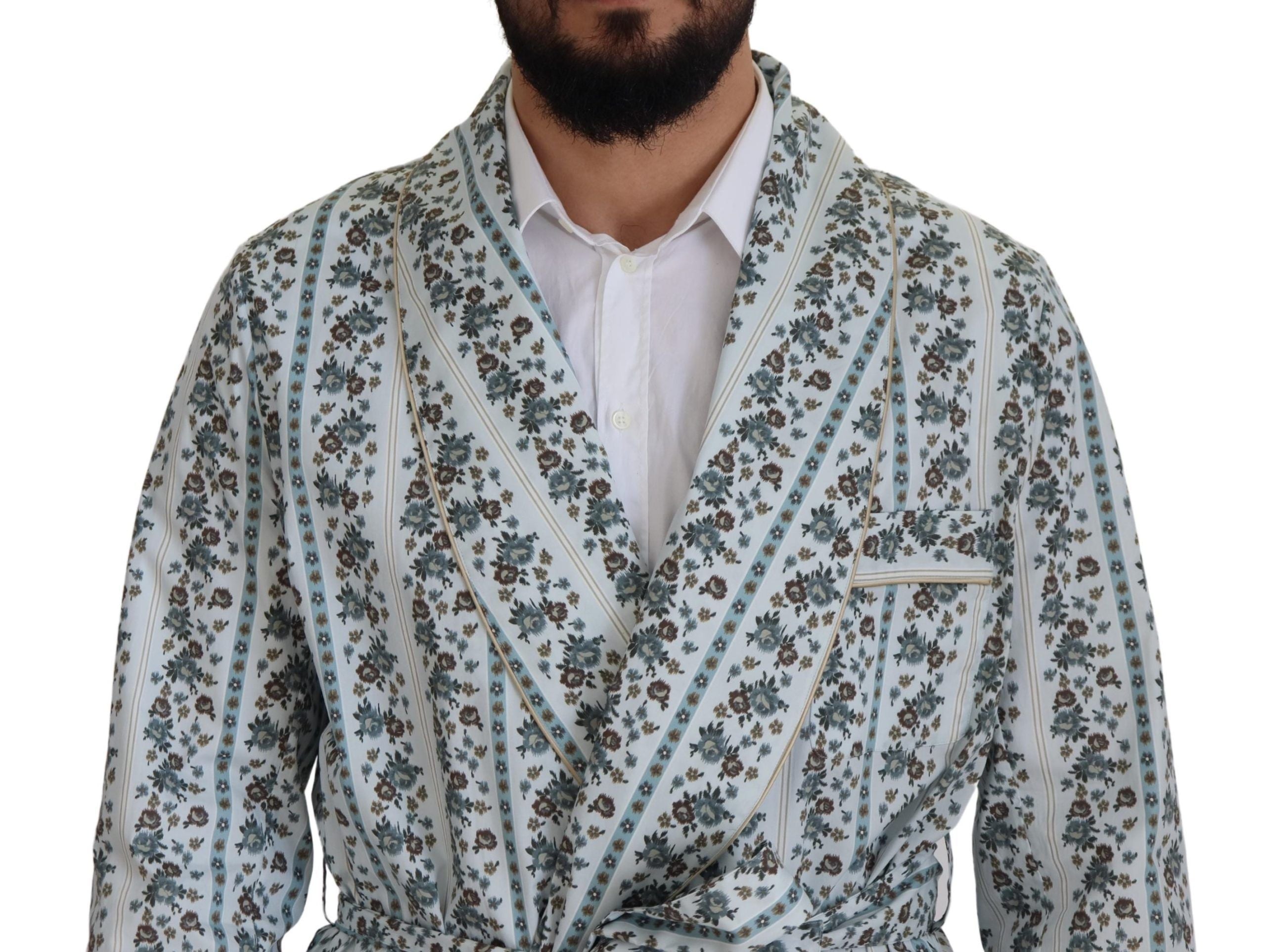 Dolce & Gabbana Blue Floral Cotton Robe Coat Men's Jacket