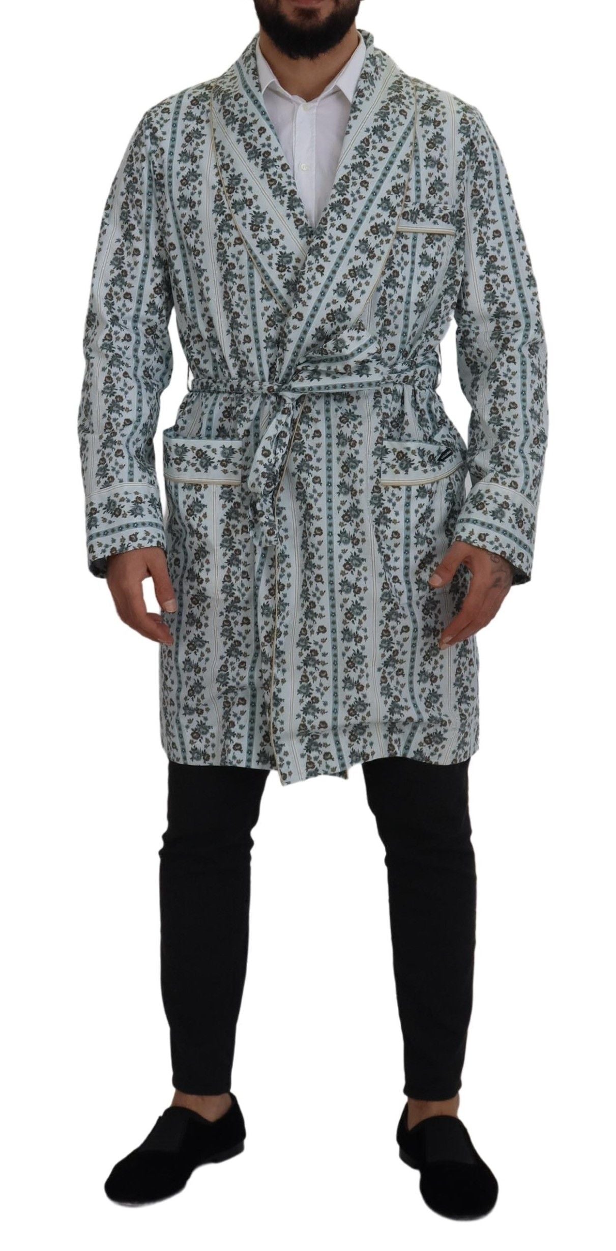 Dolce & Gabbana Blue Floral Cotton Robe Coat Men's Jacket