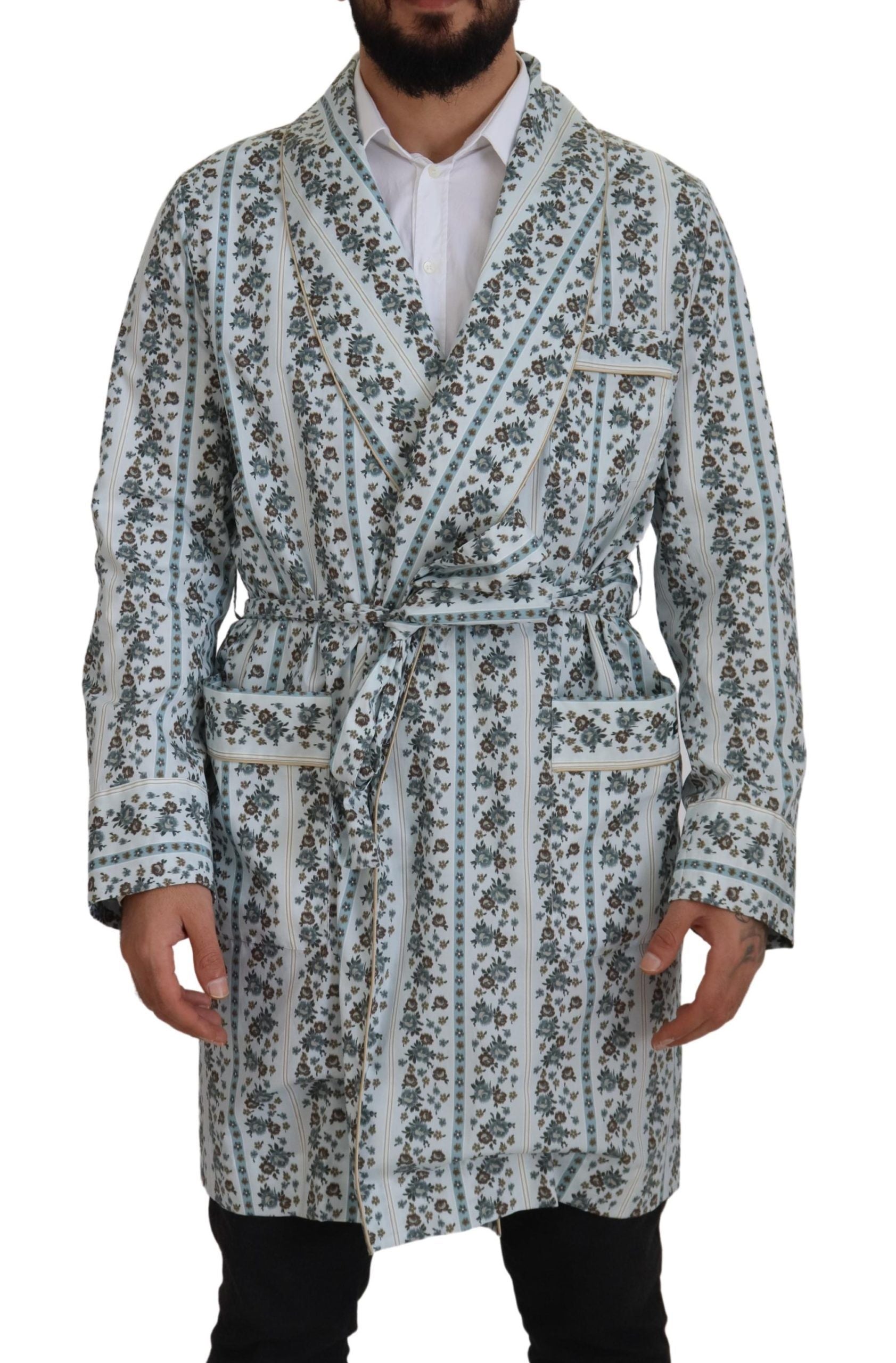 Dolce & Gabbana Blue Floral Cotton Robe Coat Men's Jacket