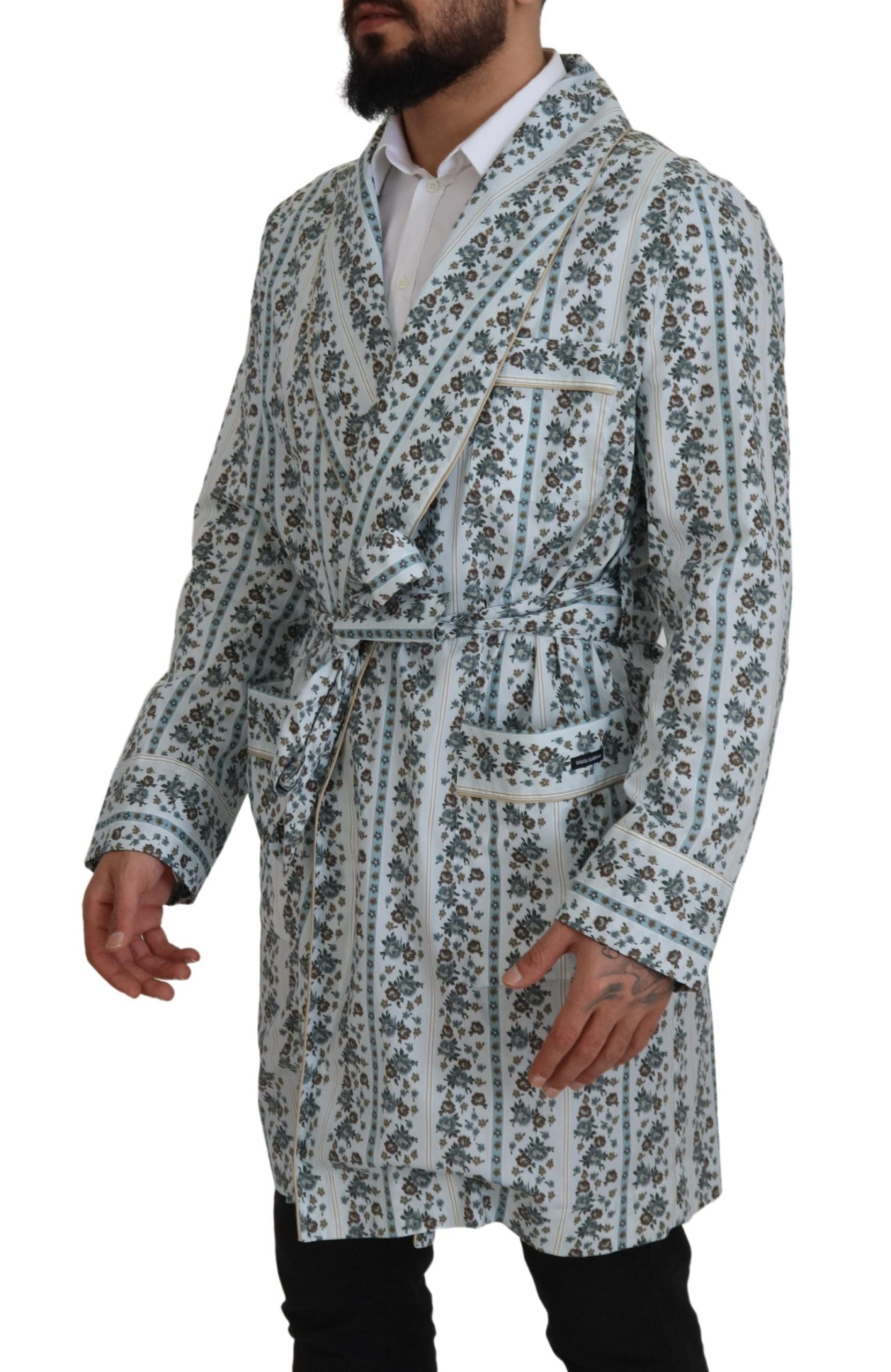 Dolce & Gabbana Blue Floral Cotton Robe Coat Men's Jacket