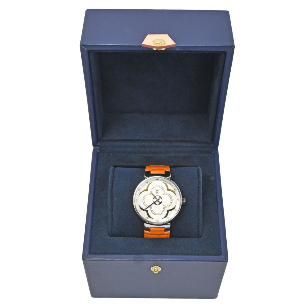 Louis Vuitton Tambour Moon Divine Quartz Stainless Steel And Monogram Canvas With Diamond Markers Watch (Pre-Owned)