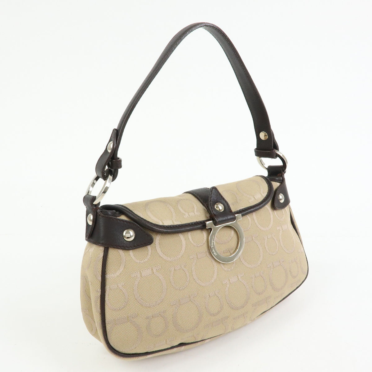 Salvatore Ferragamo Gancini Handle Leather Beige Canvas Tote Bag Bag (Pre-Owned)