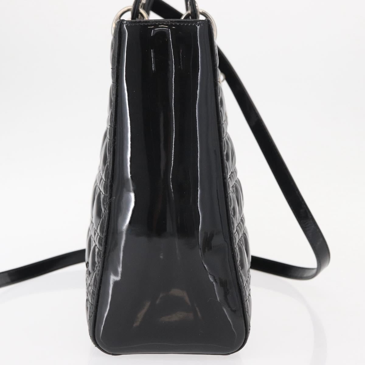 Christian Dior Lady Dior Cannage Stitch Patent Black Patent_Leather Handbag (Pre-Owned)