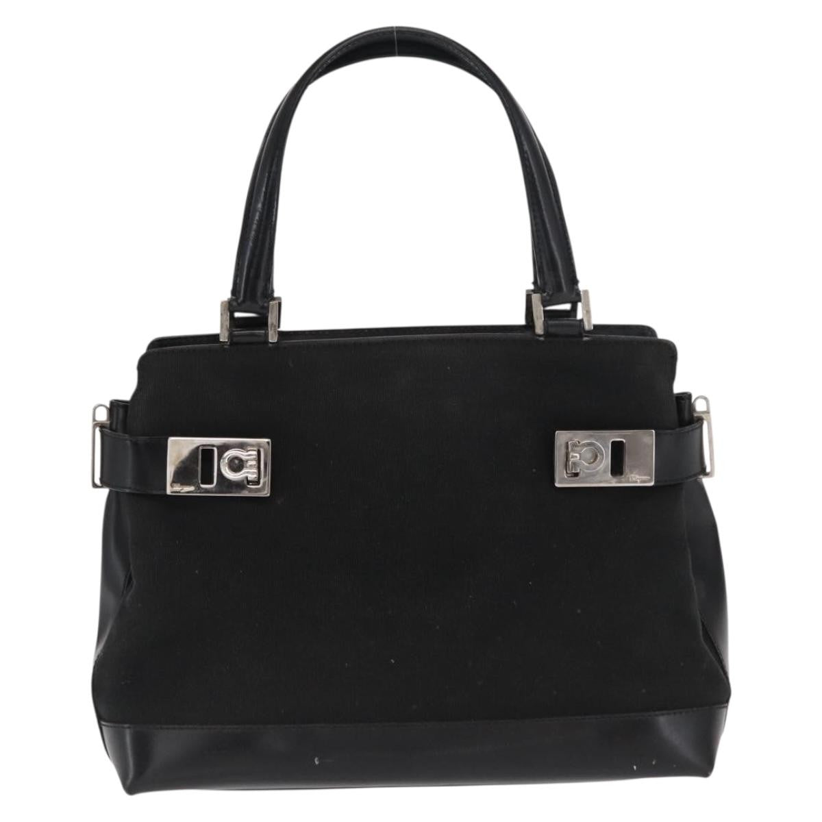 Salvatore Ferragamo Double Gancini Side Buckle Tote Canvas Black Canvas Handbag (Pre-Owned)