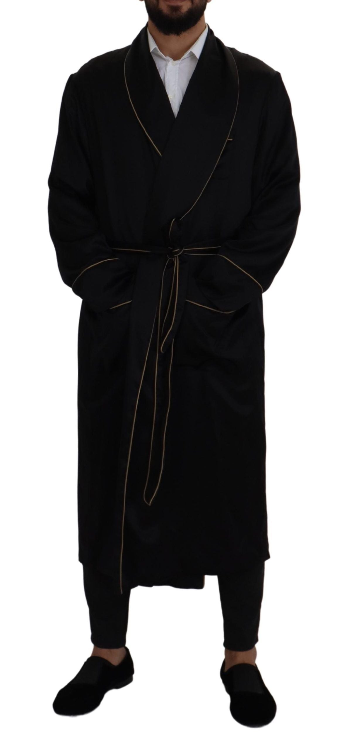 Dolce & Gabbana Black 100% Silk Robe Coat Wrap Men's Jacket