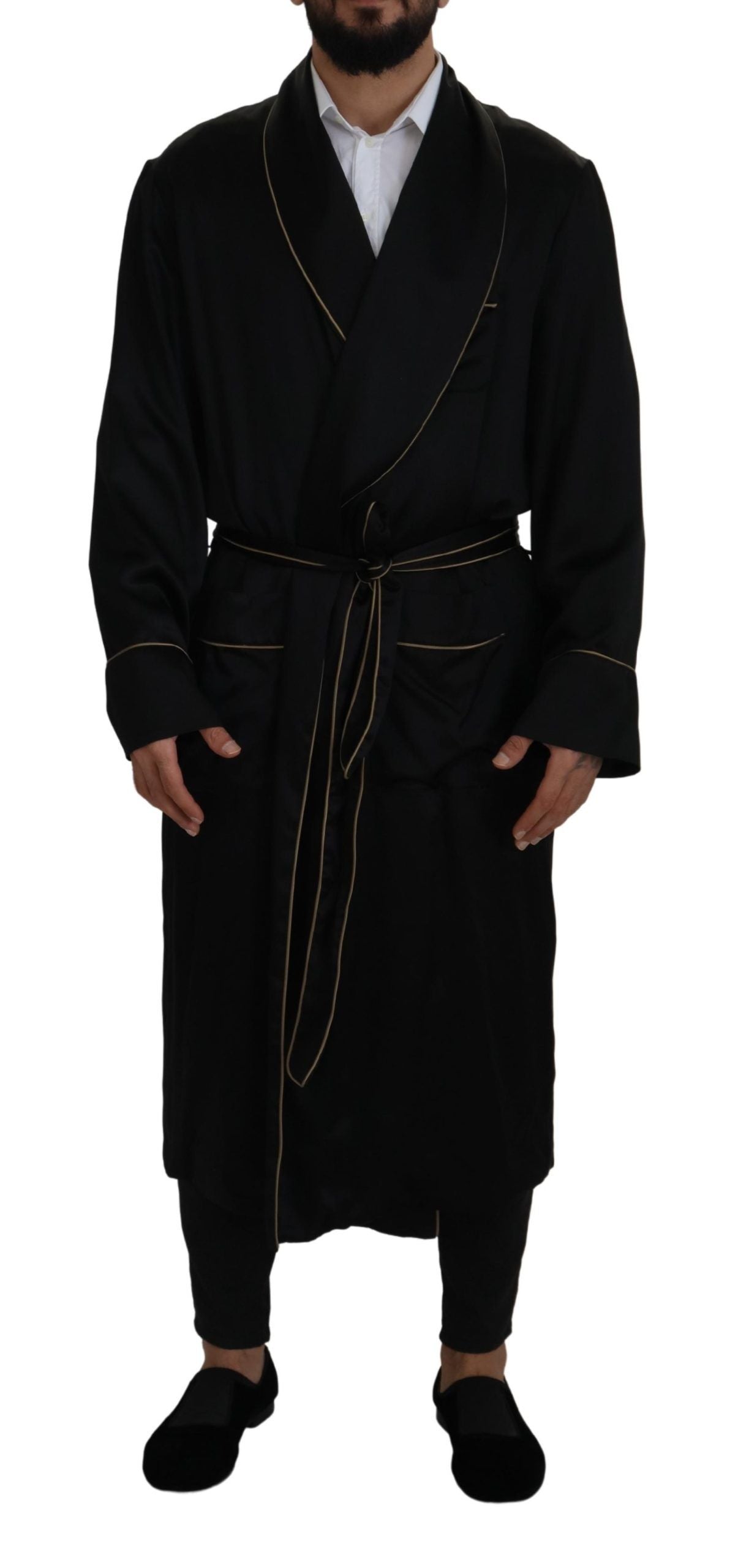Dolce & Gabbana Black 100% Silk Robe Coat Wrap Men's Jacket