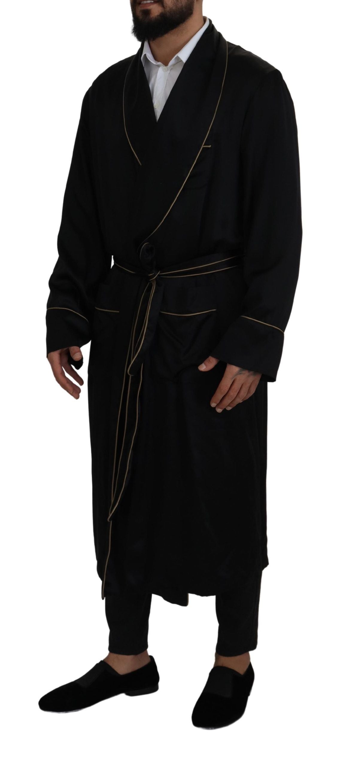 Dolce & Gabbana Black 100% Silk Robe Coat Wrap Men's Jacket