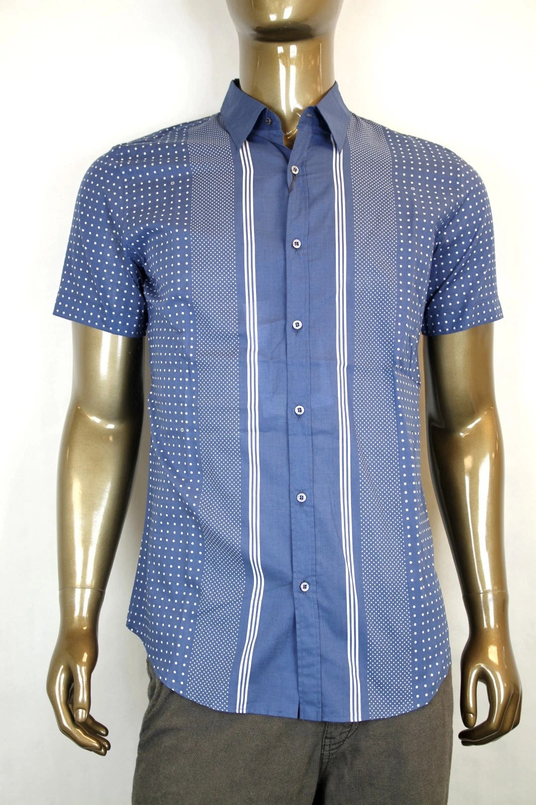 Gucci Men's Skinny Stripes Dots Blue Cotton Short Sleeve Shirt