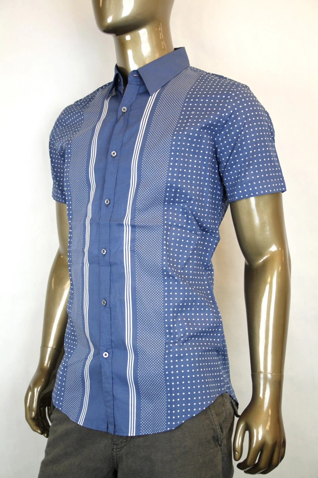 Gucci Men's Skinny Stripes Dots Blue Cotton Short Sleeve Shirt