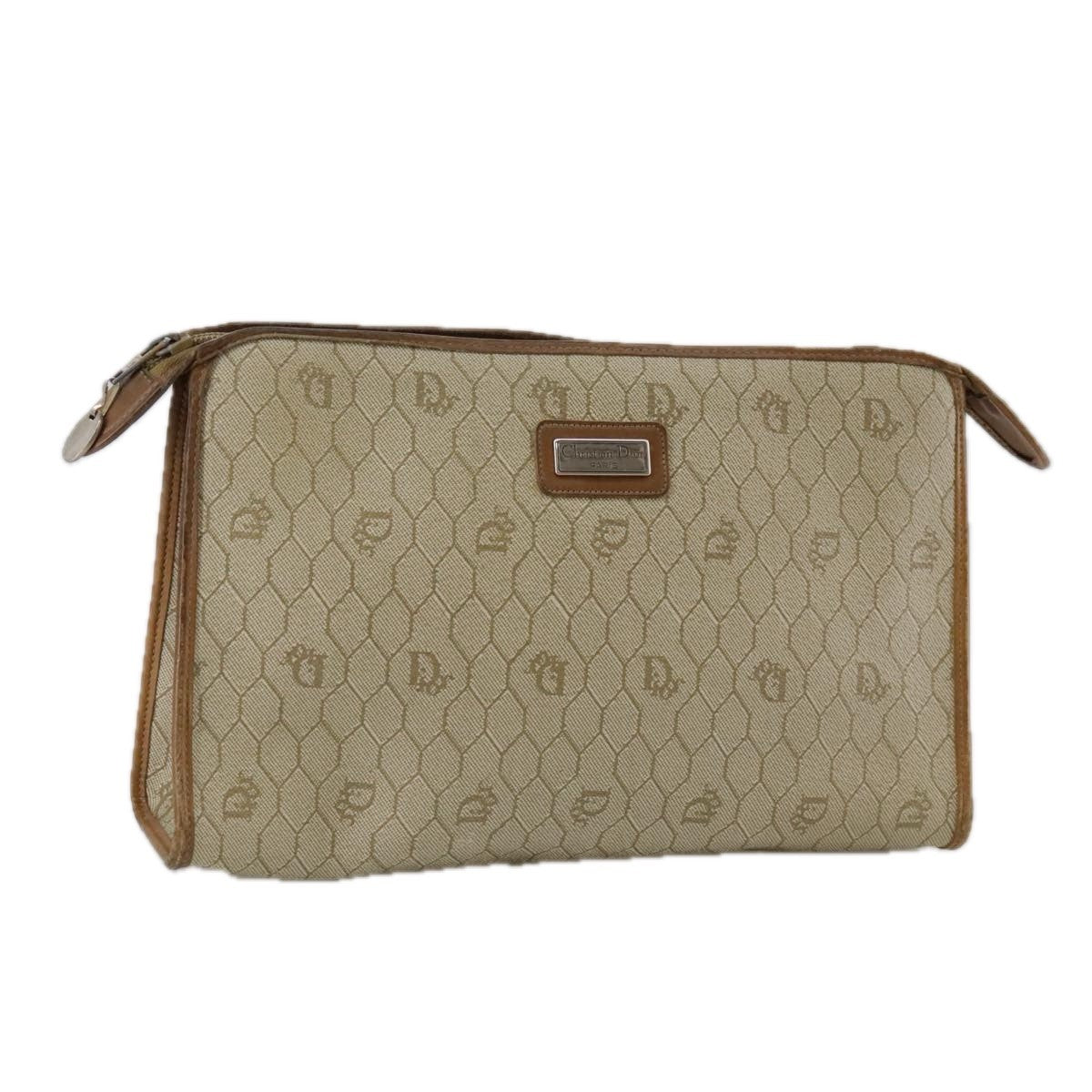 Christian Dior Vintage Honeycomb Zip Canvas And Leather Beige Canvas Clutche & Pouche Bag (Pre-Owned)