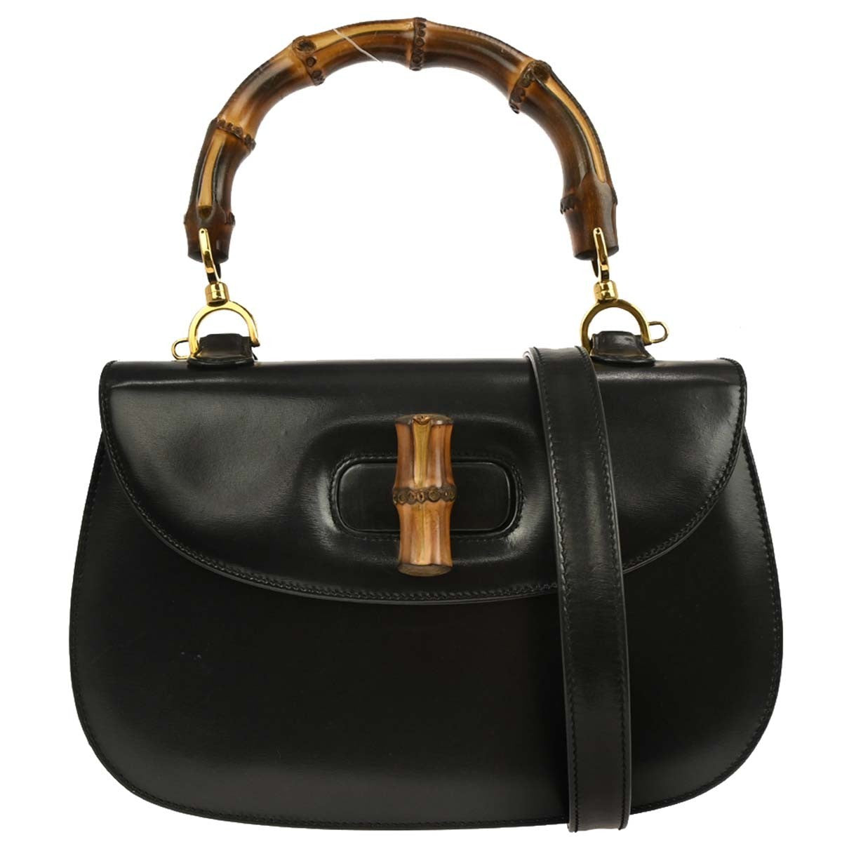 Gucci Vintage Convertible Bamboo Top Handle Leather Black Leather Handbag (Pre-Owned)