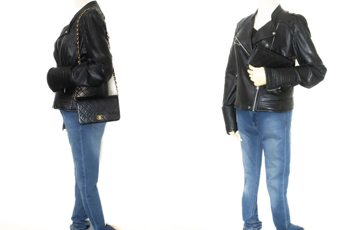 Chanel Vintage Full Flap Quilted Lambskin Black Leather Handbag (Pre-Owned)