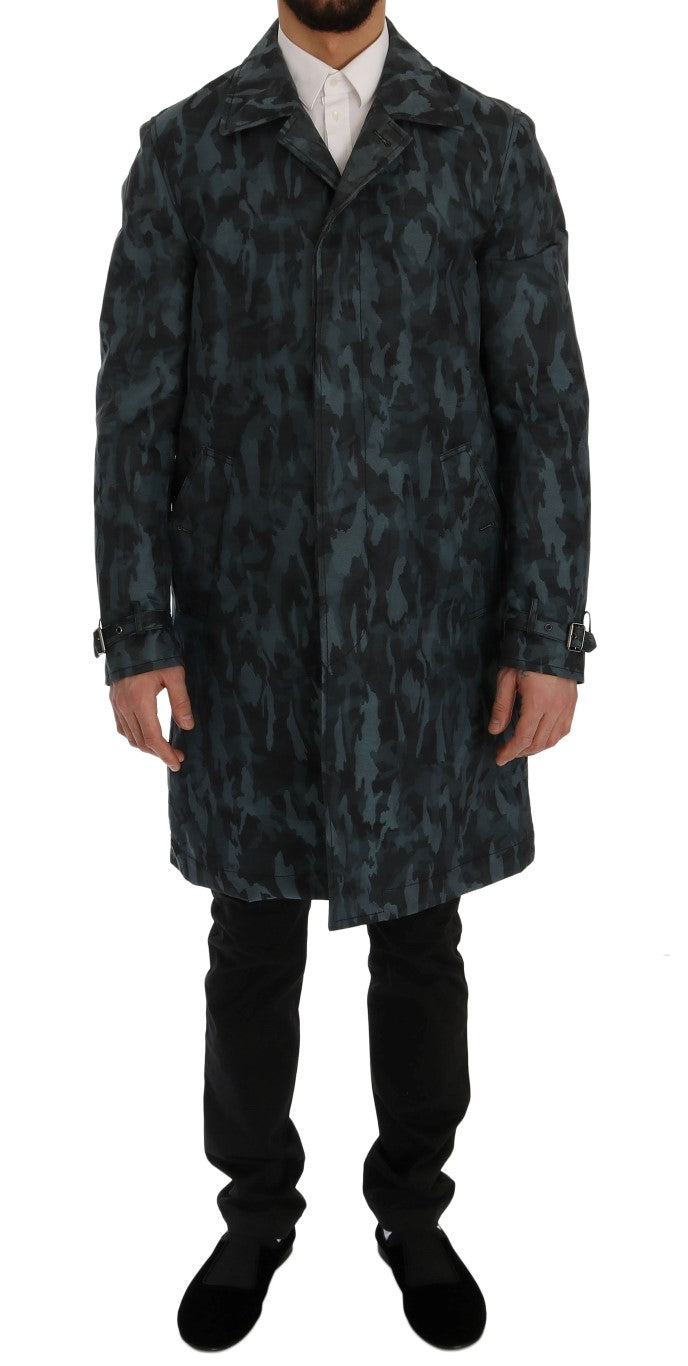 Dolce & Gabbana Blue Camouflage Trench Coat Men's Elegance