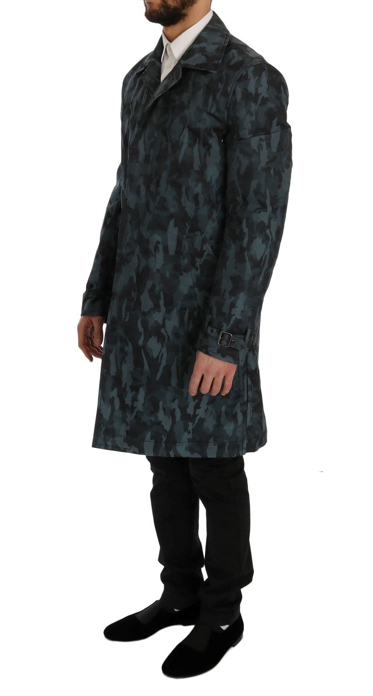 Dolce & Gabbana Blue Camouflage Trench Coat Men's Elegance