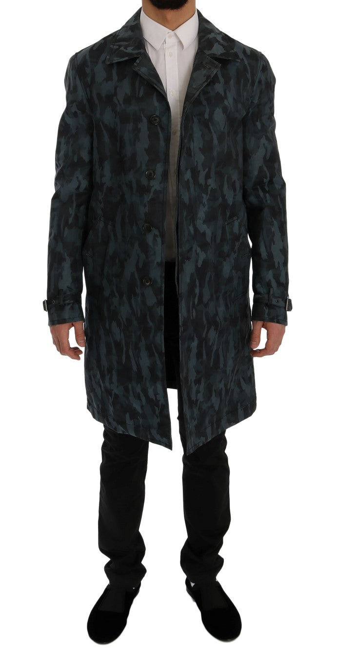 Dolce & Gabbana Blue Camouflage Trench Coat Men's Elegance