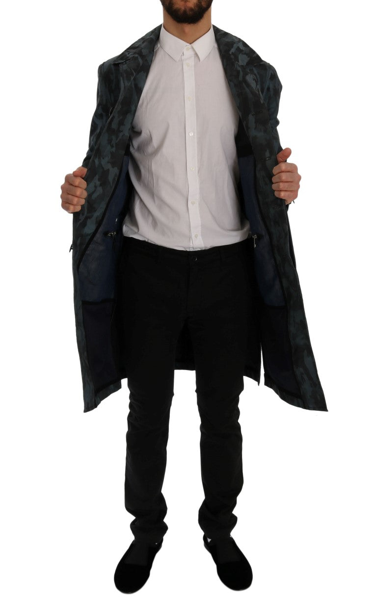 Dolce & Gabbana Blue Camouflage Trench Coat Men's Elegance