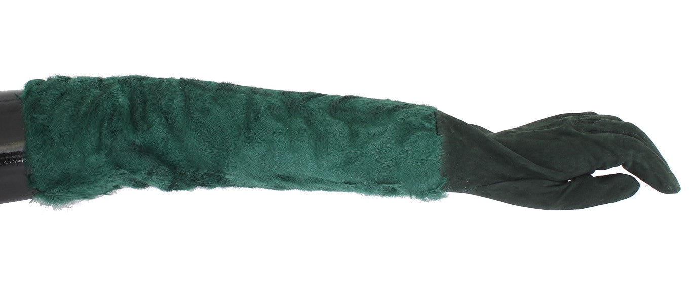 Dolce & Gabbana Green Leather Xiangao Fur Elbow Women's Gloves