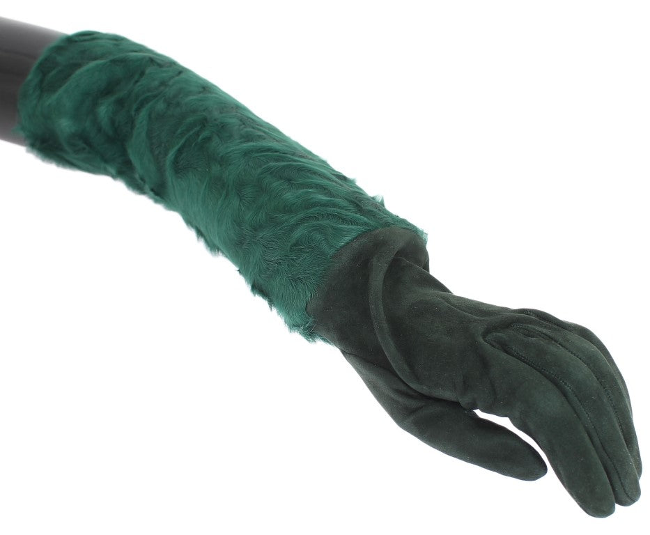 Dolce & Gabbana Green Leather Xiangao Fur Elbow Women's Gloves