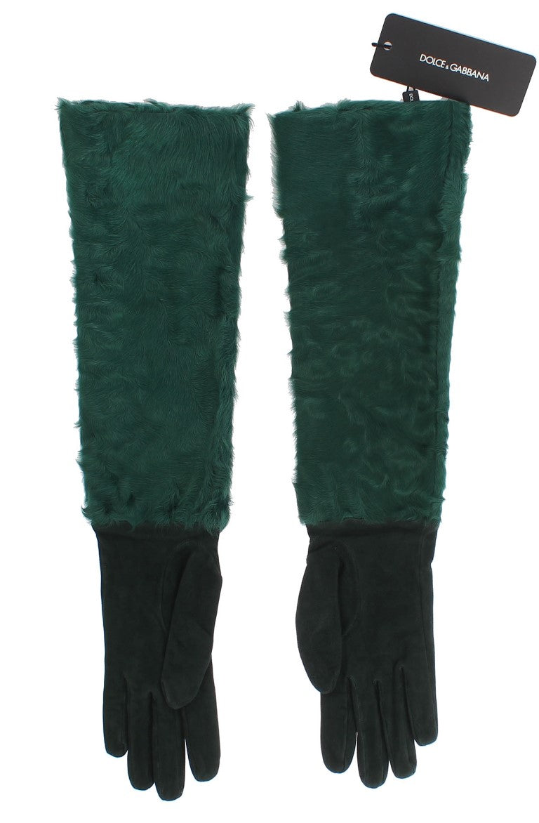Dolce & Gabbana Green Leather Xiangao Fur Elbow Women's Gloves