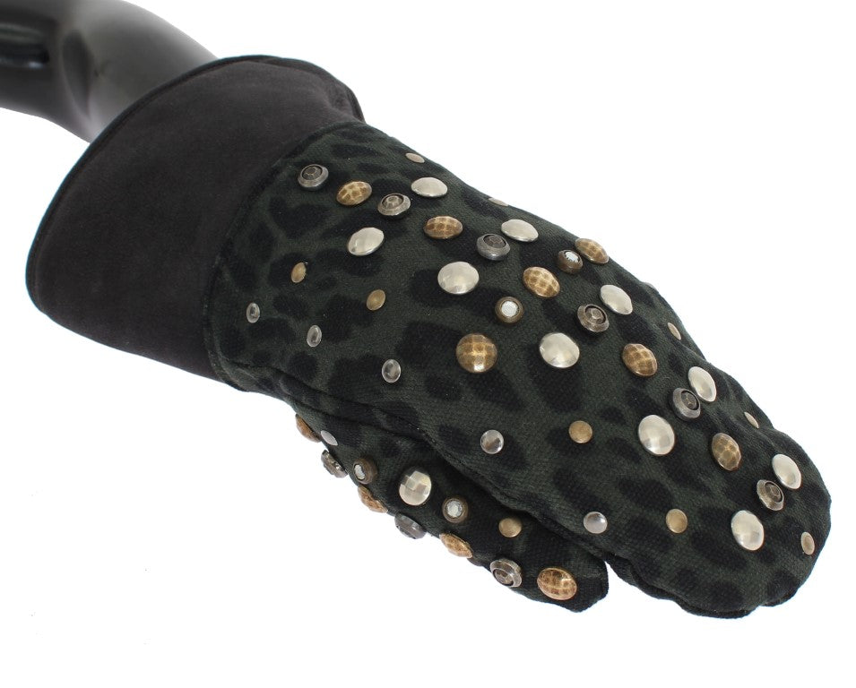 Dolce & Gabbana Gray Wool Shearling Studded Green Leopard Men's Gloves