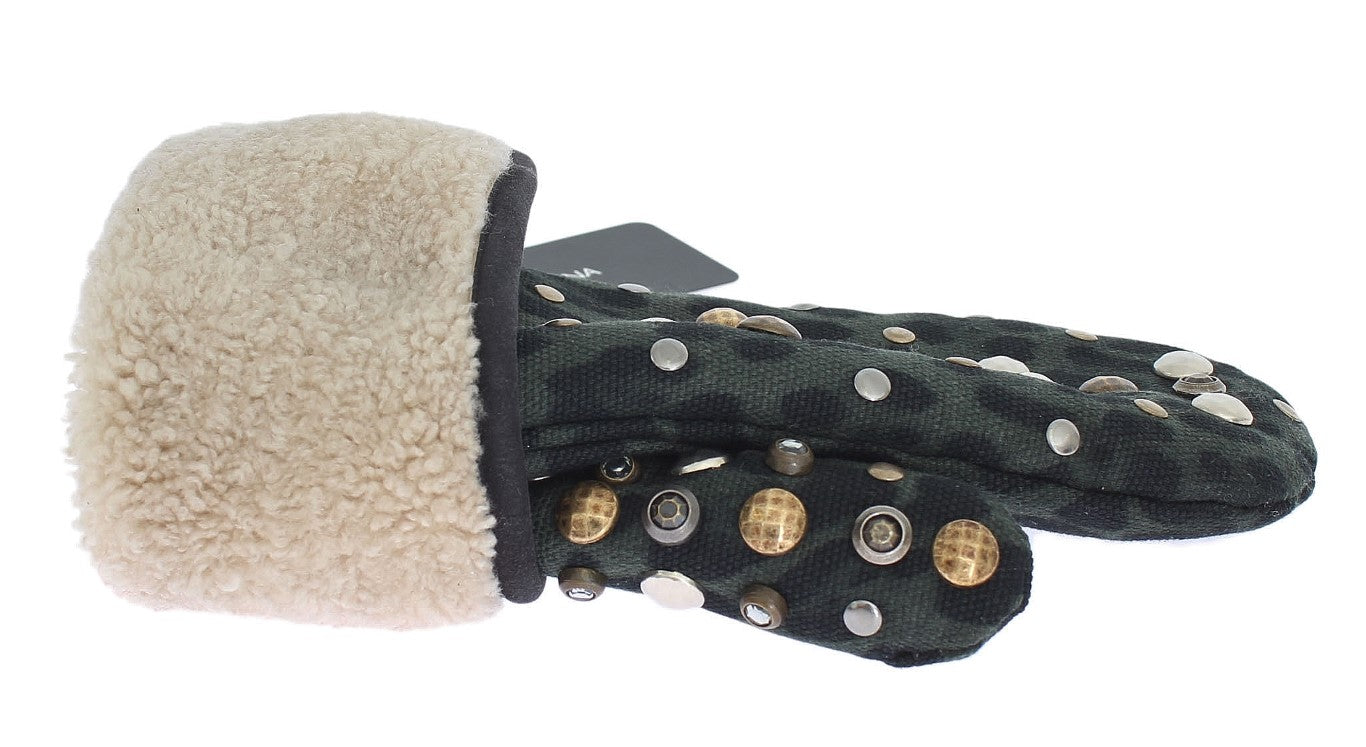 Dolce & Gabbana Gray Wool Shearling Studded Green Leopard Men's Gloves