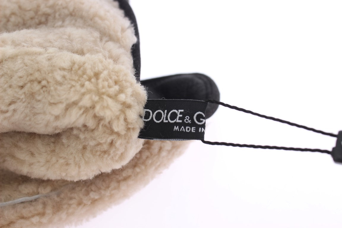 Dolce & Gabbana Gray Wool Shearling Studded Green Leopard Men's Gloves