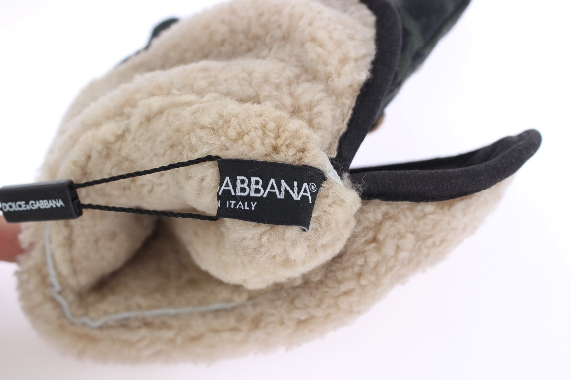 Dolce & Gabbana Gray Wool Shearling Studded Green Leopard Men's Gloves