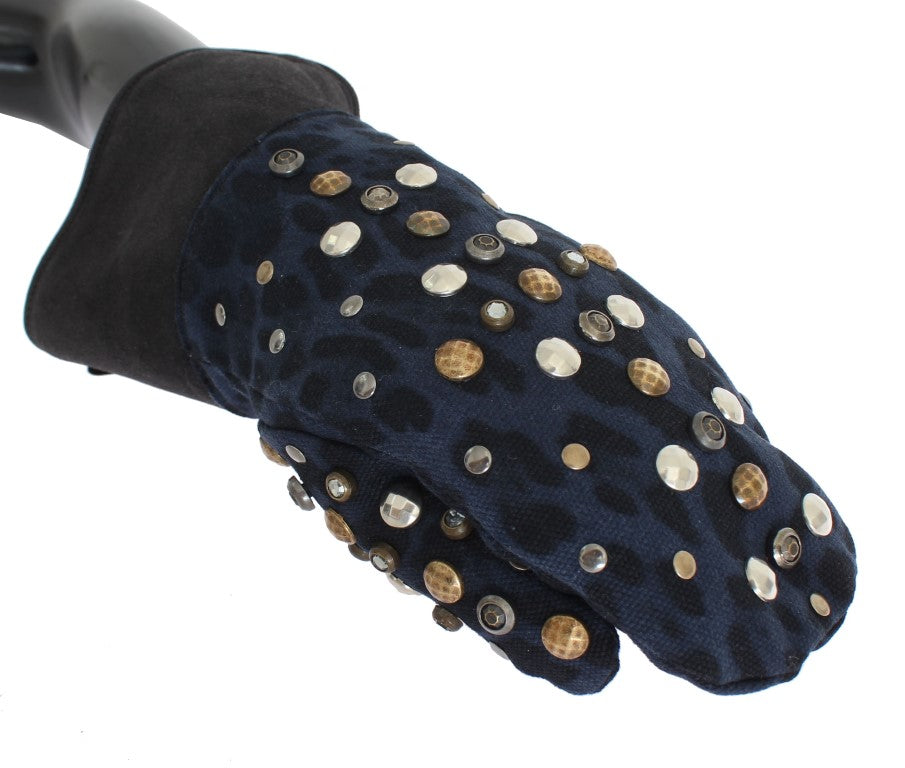 Dolce & Gabbana Gray Wool Shearling Studded Blue Leopard Men's Gloves