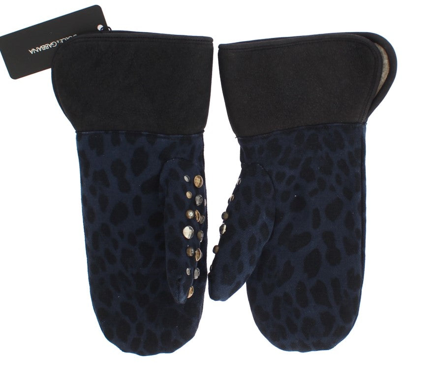 Dolce & Gabbana Gray Wool Shearling Studded Blue Leopard Men's Gloves