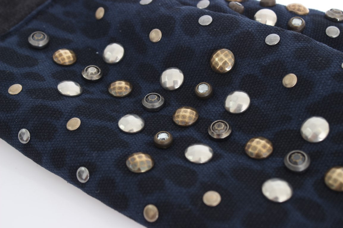 Dolce & Gabbana Gray Wool Shearling Studded Blue Leopard Men's Gloves