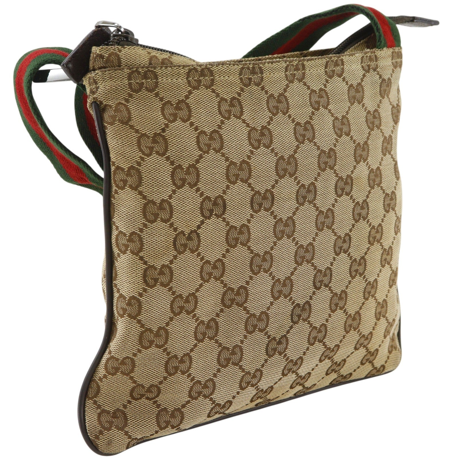 Gucci Web Strap Zip Messenger Gg Canvas And Leather Brown Canvas Shoulder Bag Bag (Pre-Owned)