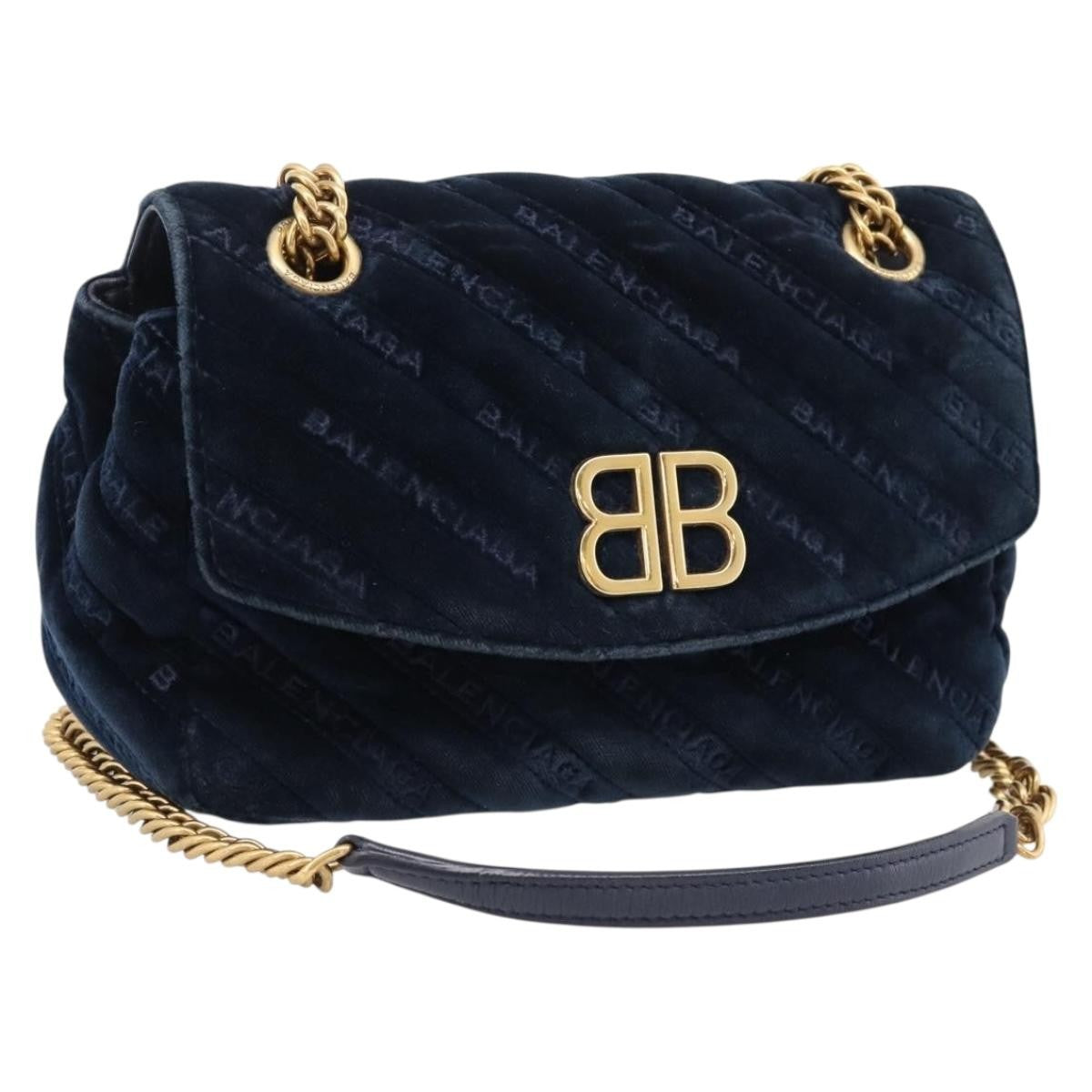Balenciaga Bb Chain Round Quilted Velvet Navy Velvet Shoulder Bag Bag (Pre-Owned)