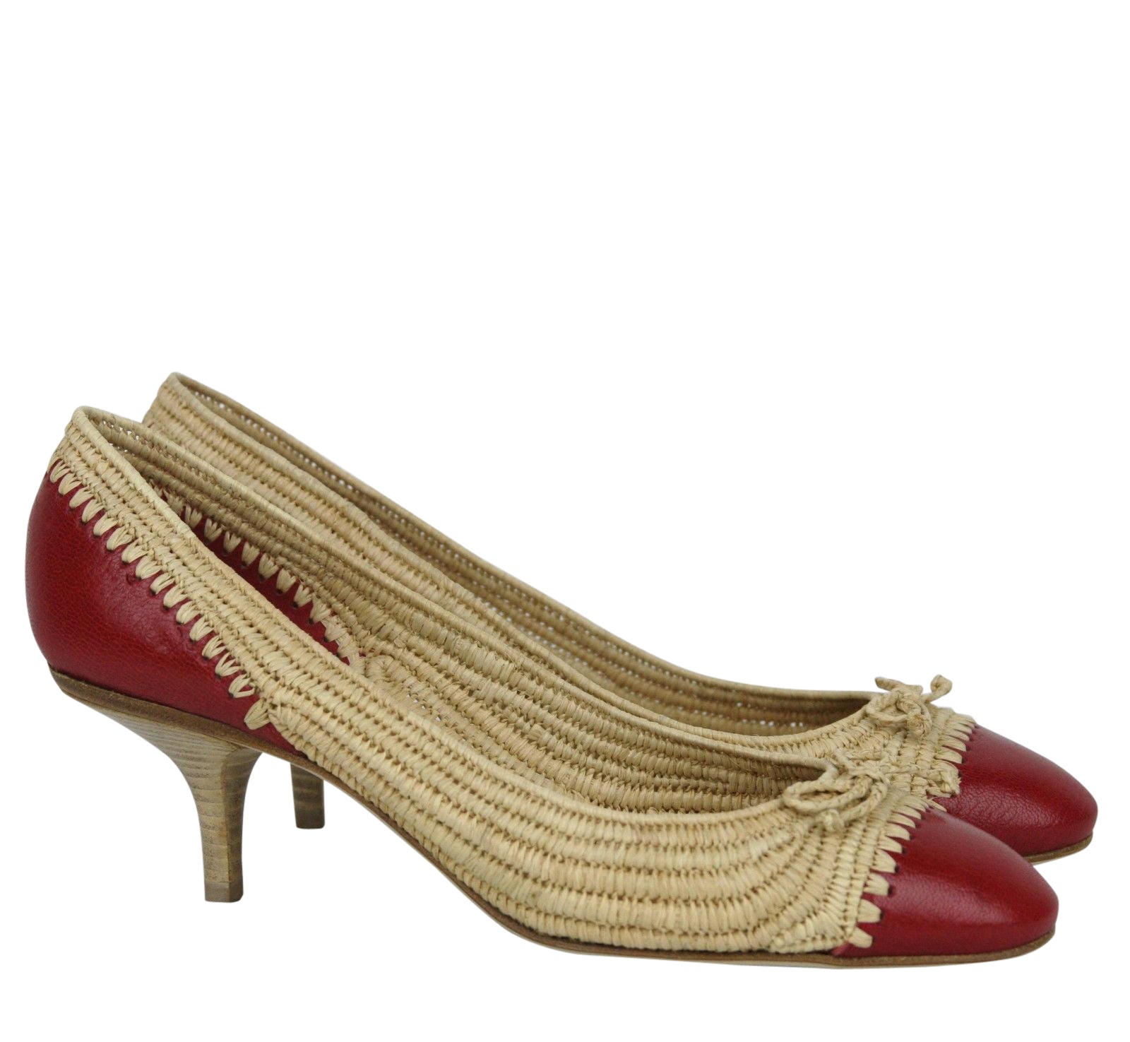 Bottega Veneta Women's Bow Beige Red Straw Leather Ballet Flat 338295 9867 (39.5 EU / 9.5 US)