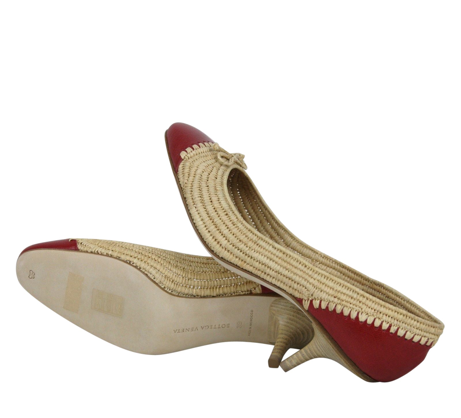 Bottega Veneta Women's Bow Beige Red Straw Leather Ballet Flat 338295 9867 (39.5 EU / 9.5 US)