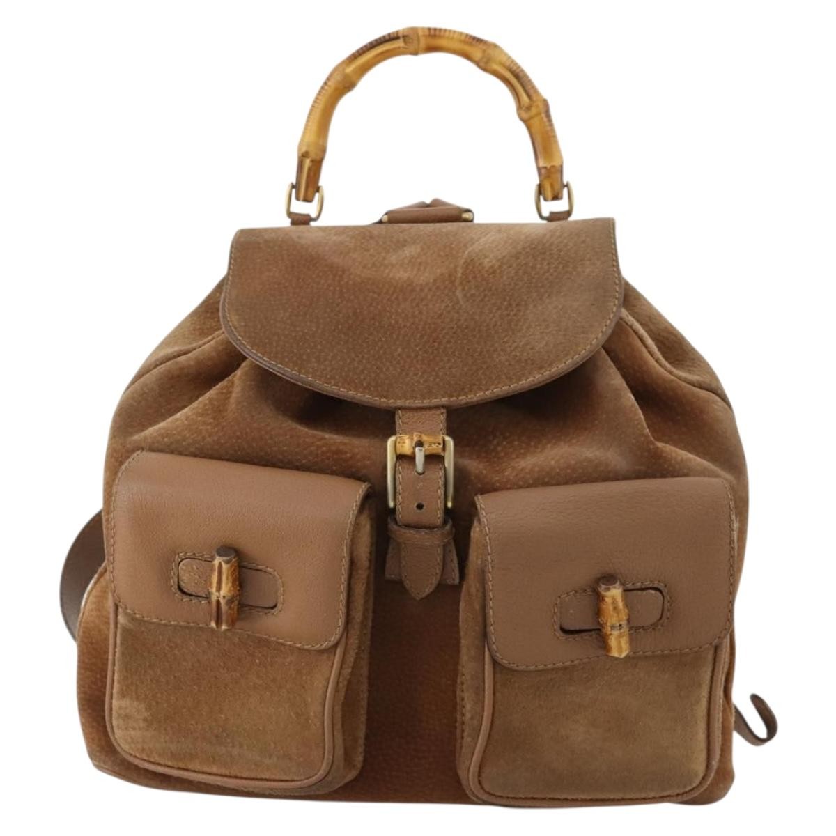 Gucci Vintage Bamboo Suede And Leather Brown Suede Backpack Bag (Pre-Owned)