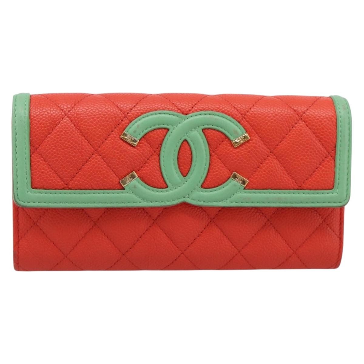 Chanel Filigree Flap Quilted Caviar Red Leather Wallets Accessory (Pre-Owned)
