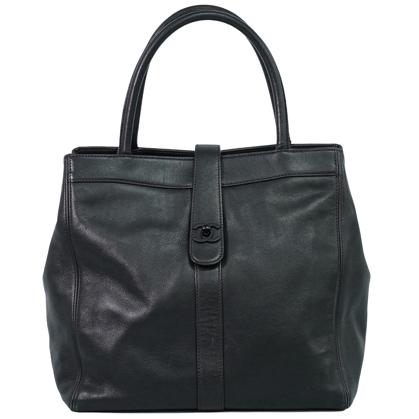 Chanel Vintage Cc Turnlock Tote Leather Black Leather Tote Bag Bag (Pre-Owned)