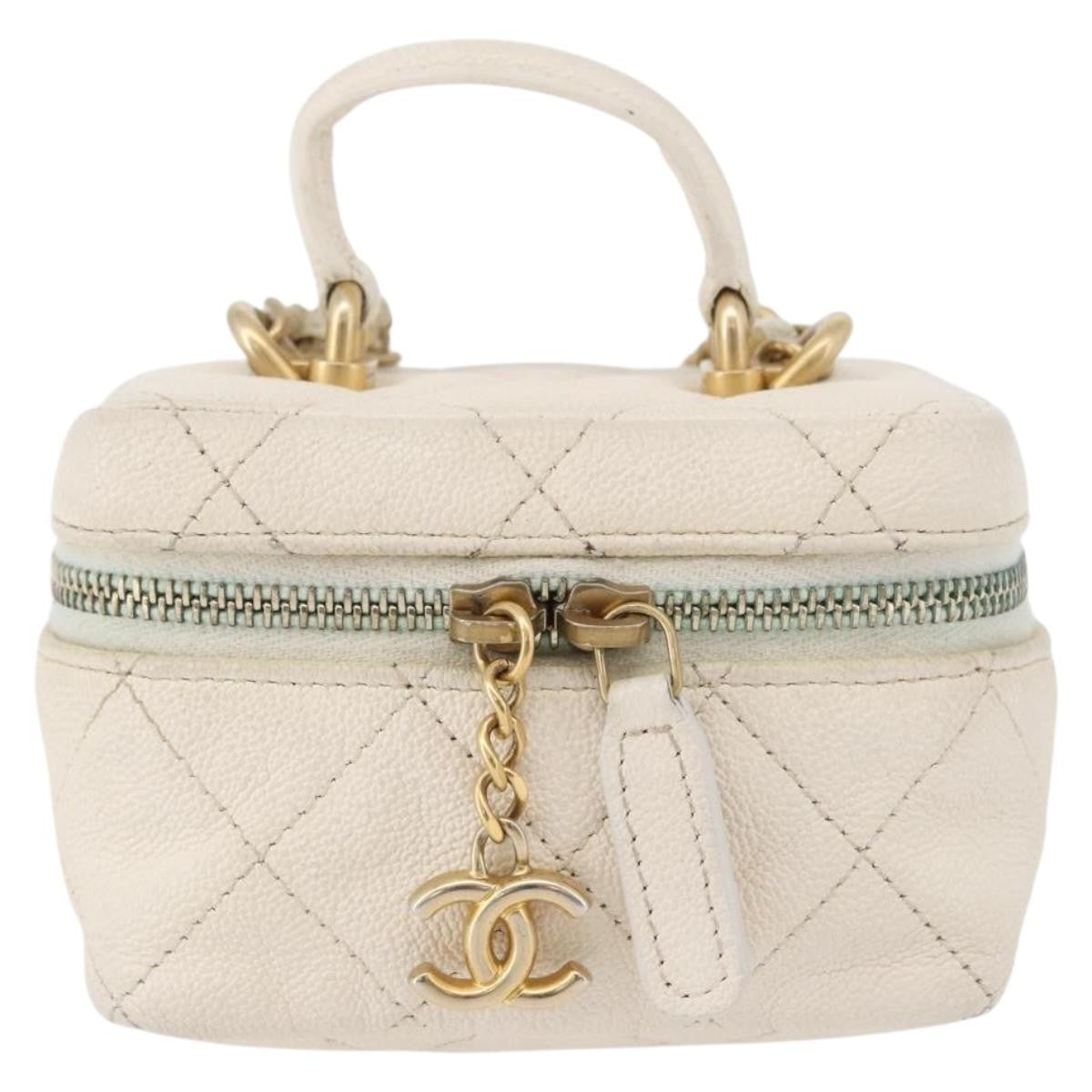 Chanel Top Handle Zip Around Vanity Case With Chain Quilted Caviar White Leather Handbag (Pre-Owned)