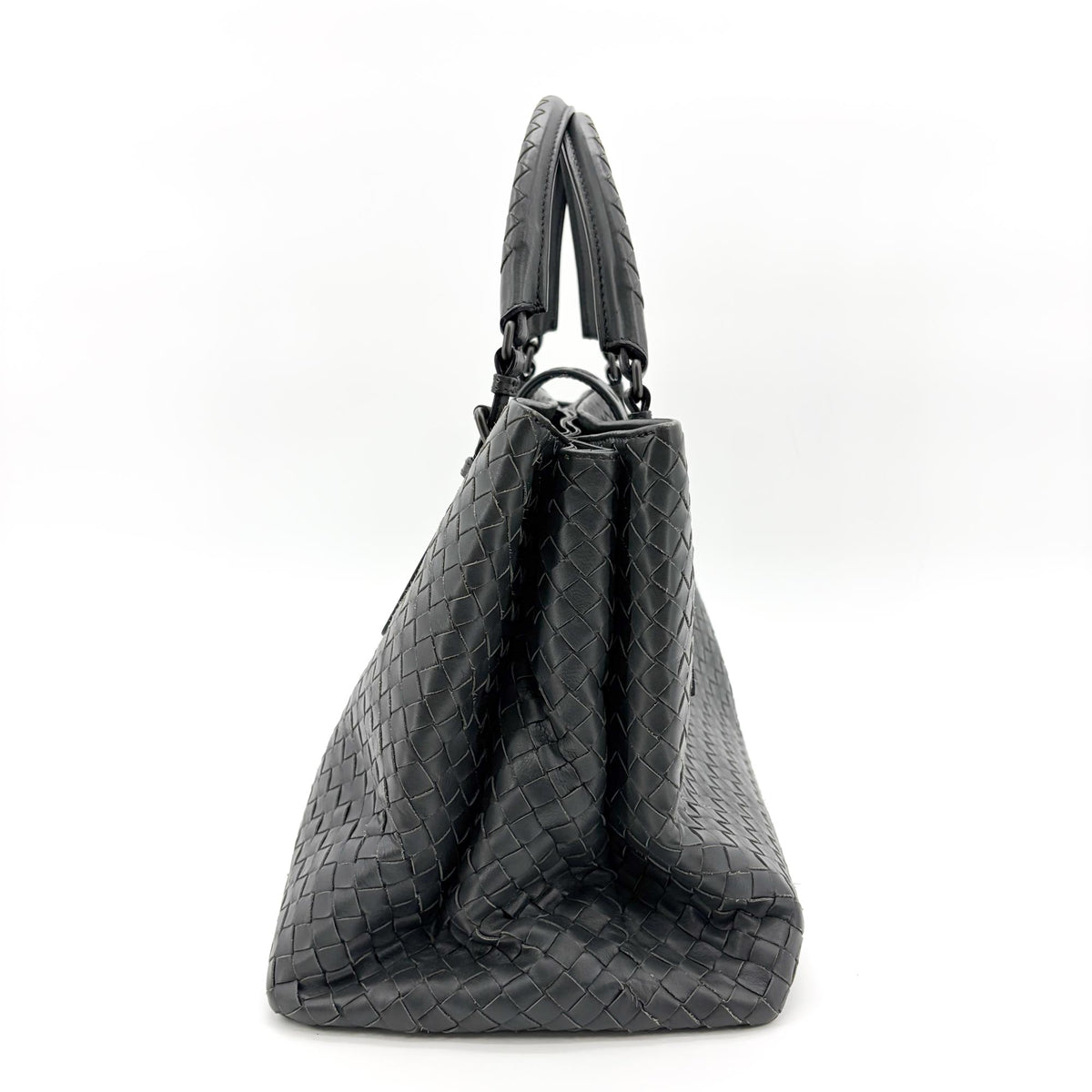 Bottega Veneta Roma Intrecciato Nappa Gray Leather Handbag (Pre-Owned)