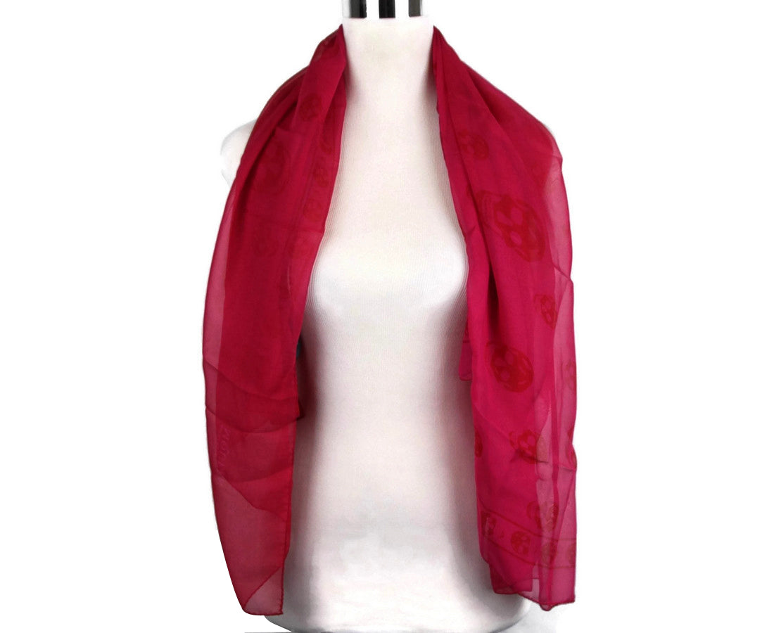 Alexander McQueen Women's Pink / Red Silk Chiffon Skull Print Scarf 345016 6572