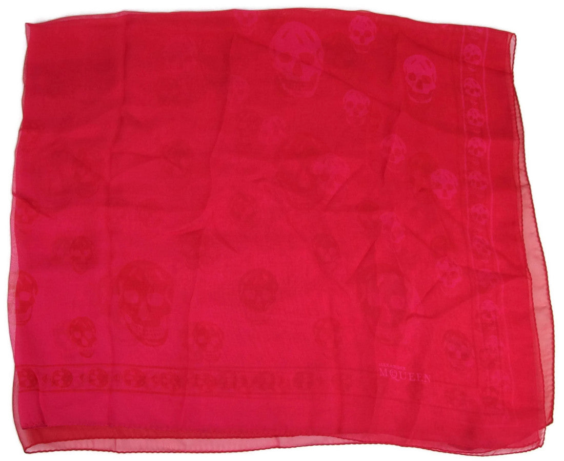 Alexander McQueen Women's Pink / Red Silk Chiffon Skull Print Scarf 345016 6572