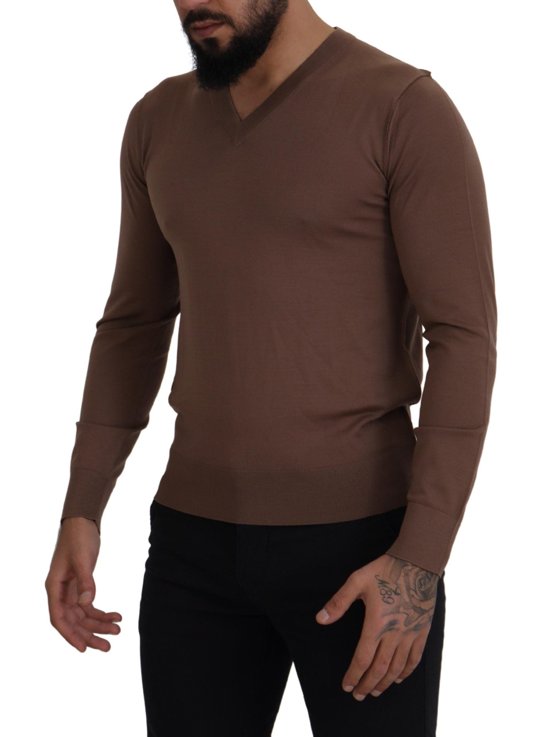 Dolce & Gabbana Brown Wool Men V-neck Pullover Men's Sweater