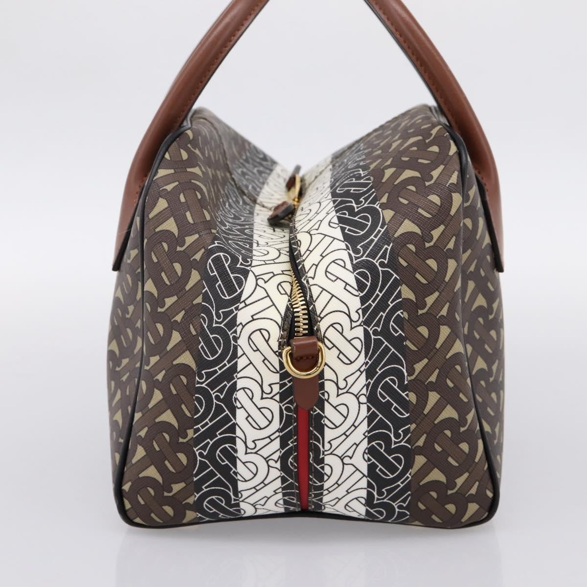 Burberry Tb Half Cube Duffle Monogram Embossed Leather Brown Canvas Handbag (Pre-Owned)