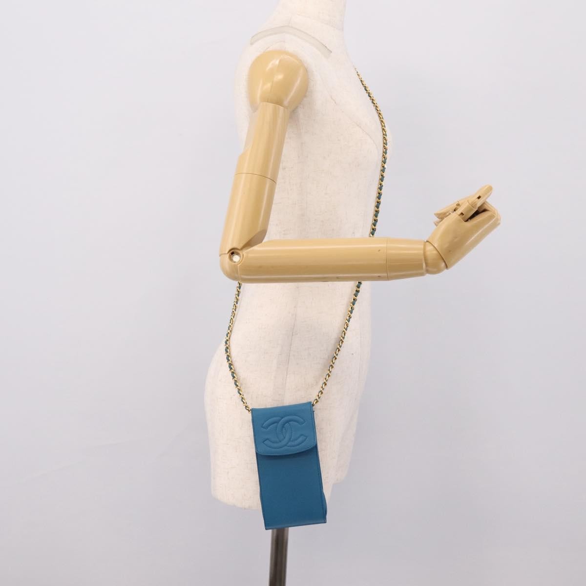 Chanel Vintage Cc Phone Holder Caviar Blue Leather Clutche & Pouche Bag (Pre-Owned)