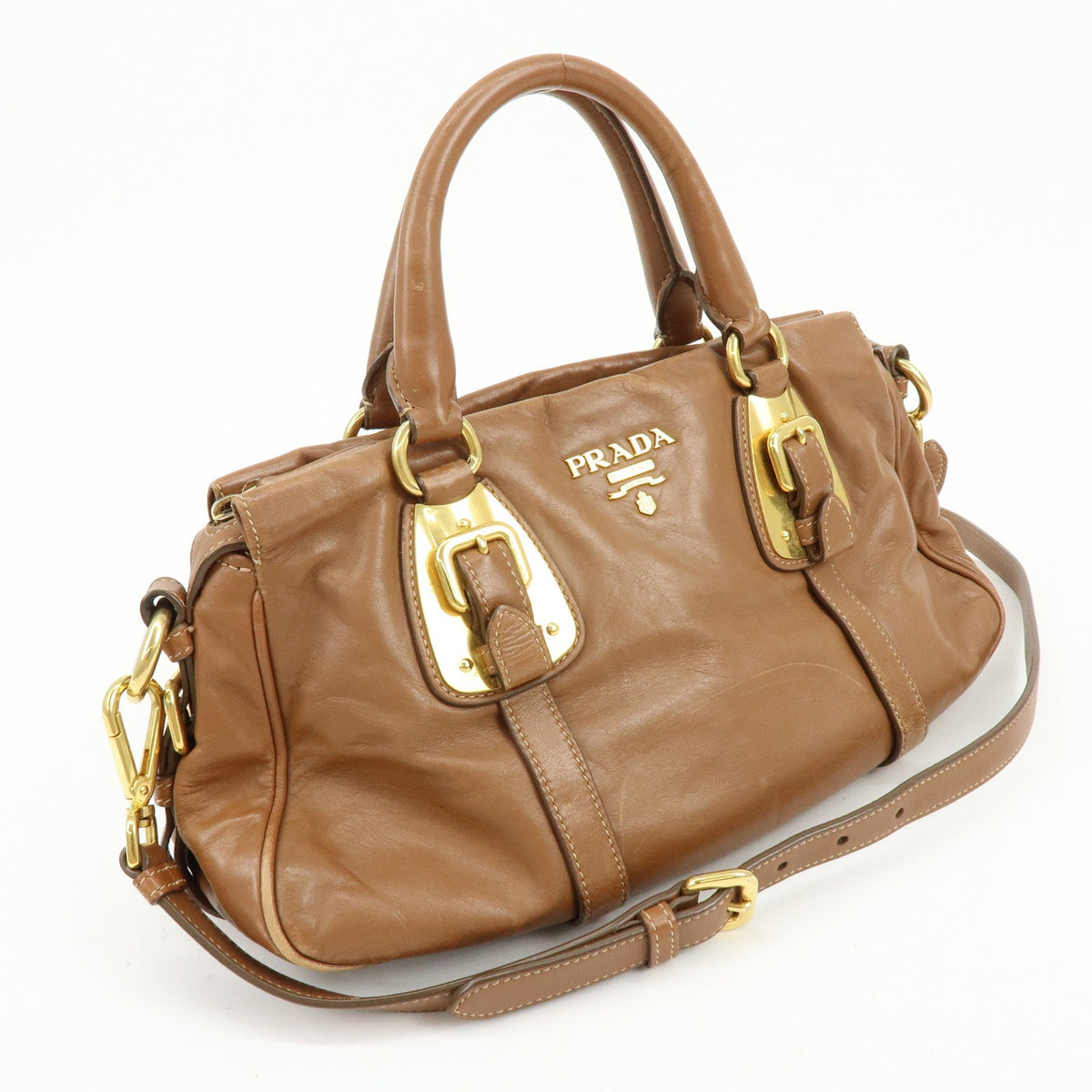Prada Convertible Belted Satchel Soft Calf Brown Leather Handbag (Pre-Owned)