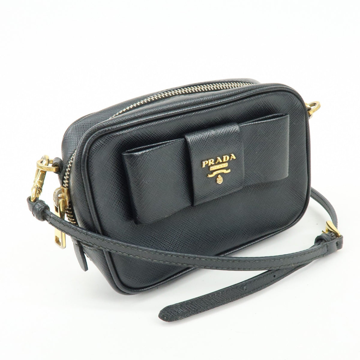 Prada Bow Camera Saffiano Leather Black Leather Crossbody Bag Bag (Pre-Owned)