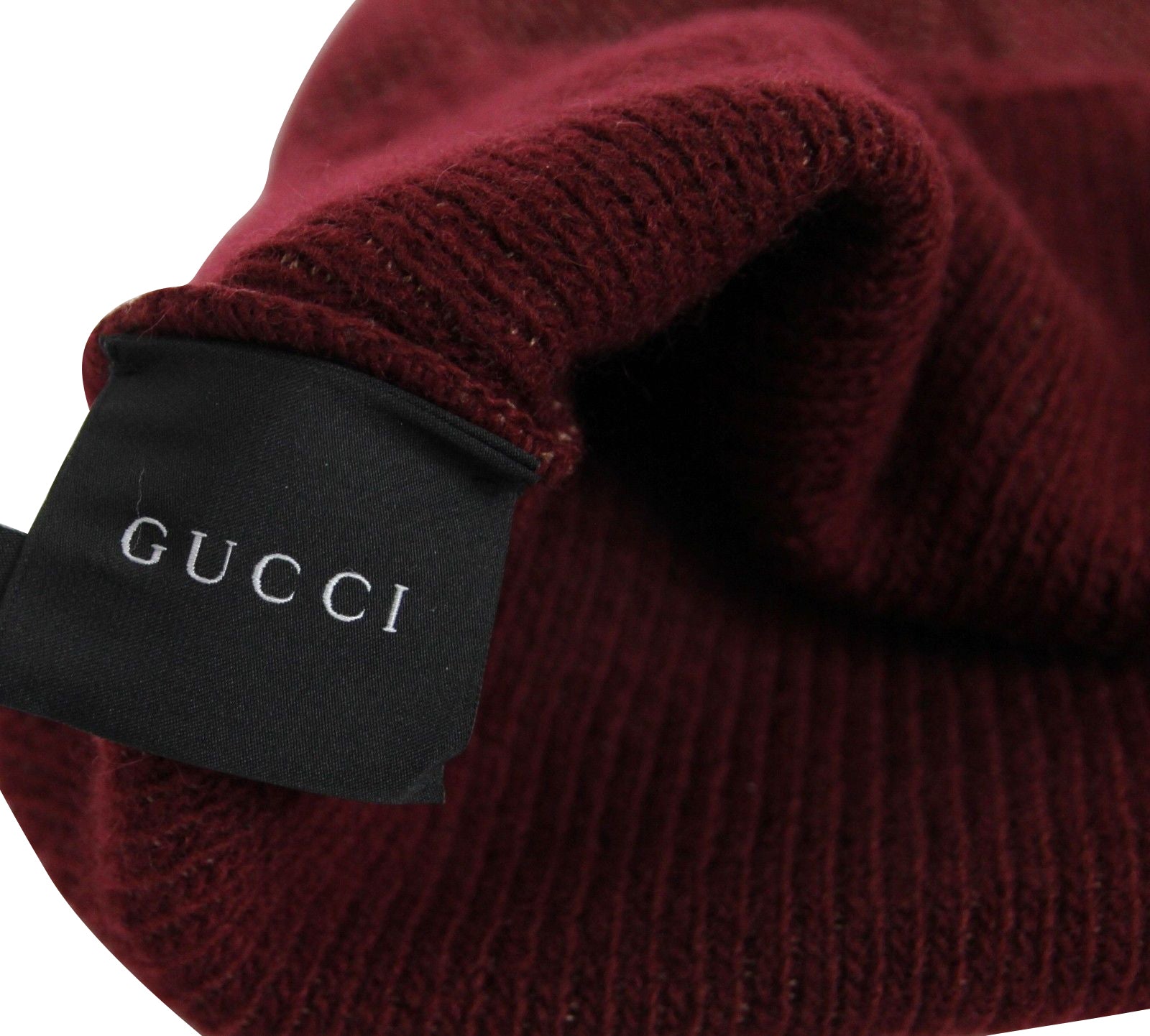 Gucci Unisex Burgundy Wool Cashmere Cotton Knit Beanie Hat With Logo 352350 6079