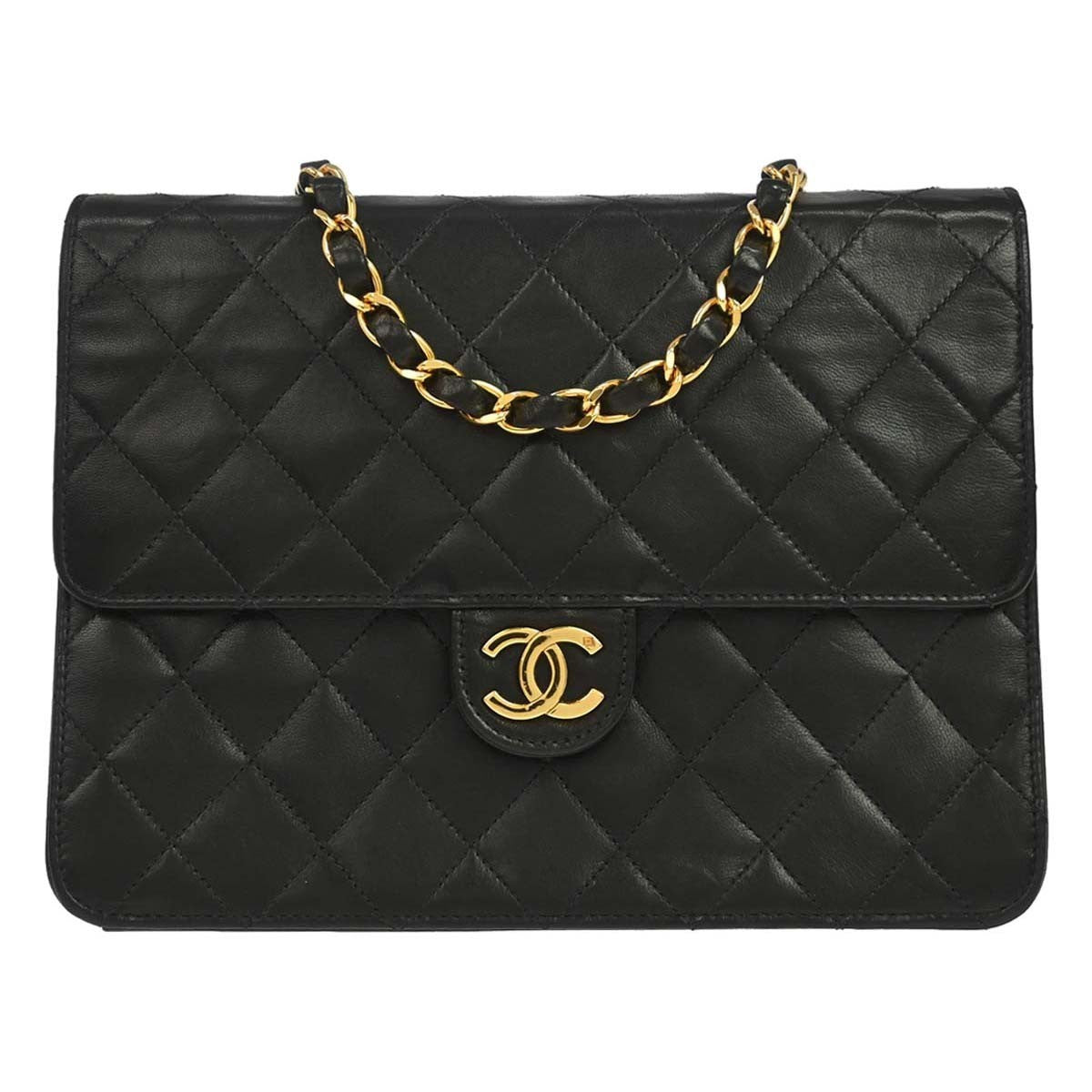 Chanel Vintage Classic Flap Quilted Lambskin Black Leather Shoulder Bag Bag (Pre-Owned)