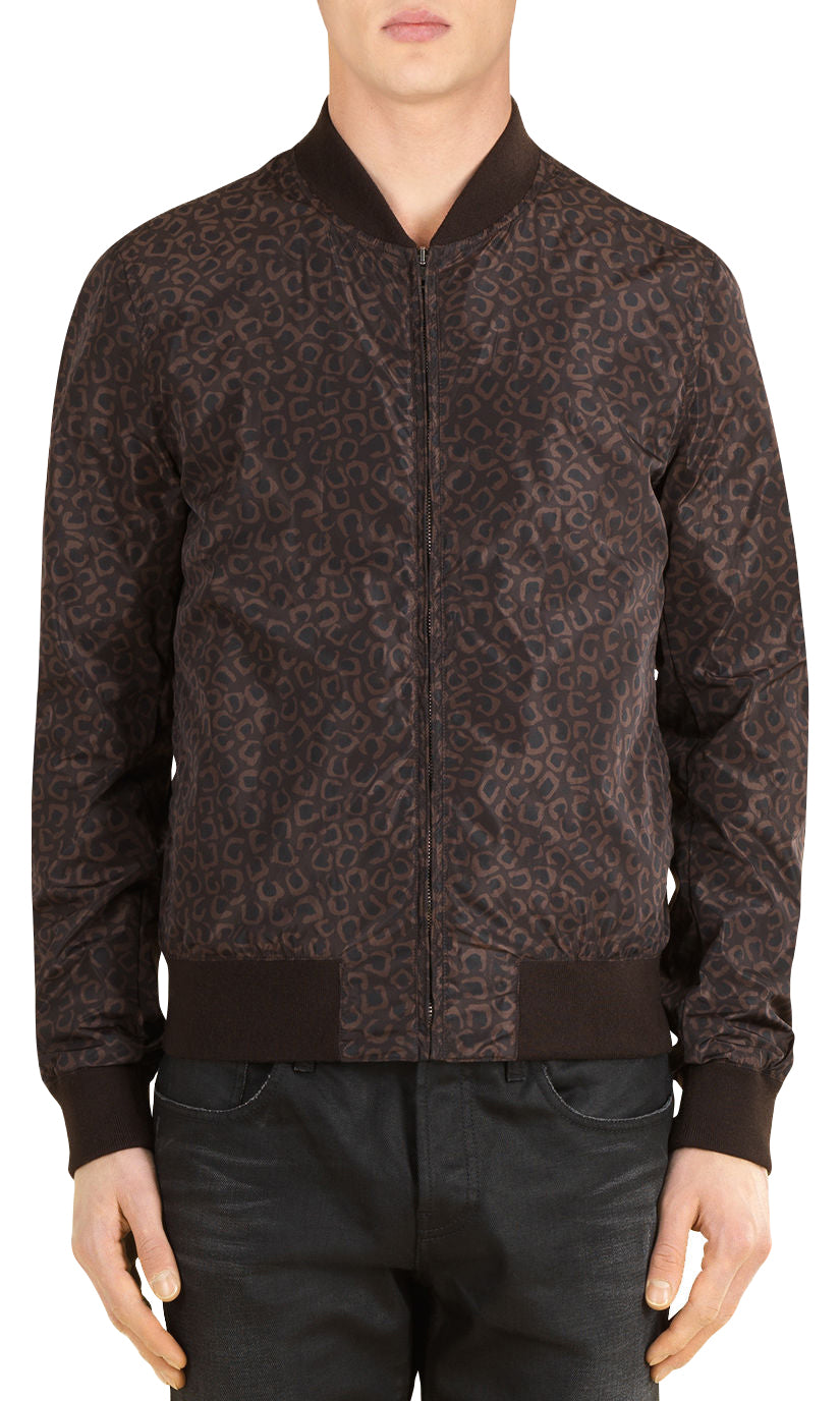Gucci Men's Bomber Brown Polyamide Leopard Print Jacket