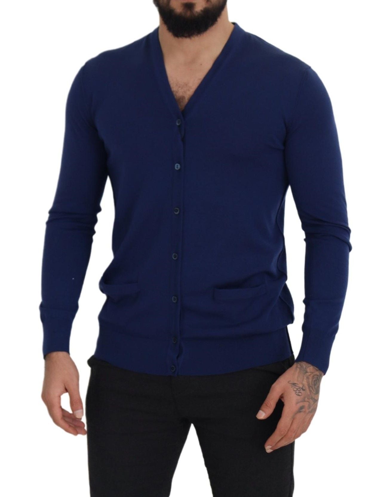 Dolce & Gabbana Blue Wool V-neck Button Down Cardigan Men's Sweater